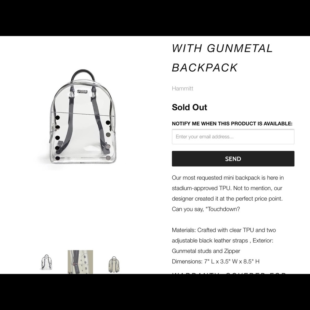 Hammitt Shane Clear Backpack/Gunmetal accents!